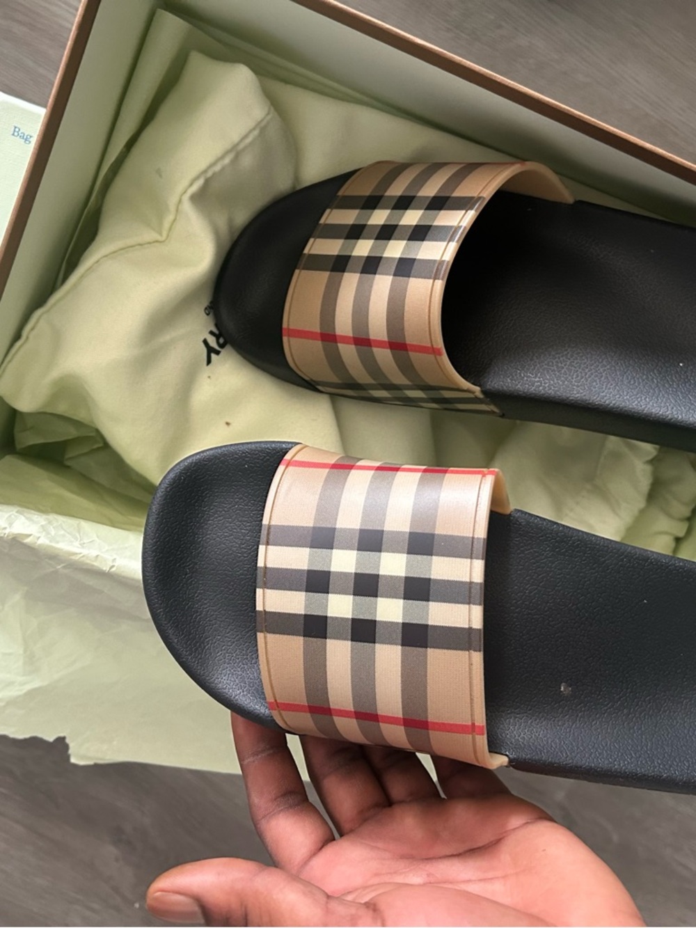 Burberry Beige Plaid Slide Sandals with Black Footbed